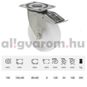   BXPN 1001 1100, Forgó-fékes kerék, (poliamid) műanyag futófelület, rozsdamentes villába szerelve, 100 mm, 200 kg teherbírás, talpas felfogatás