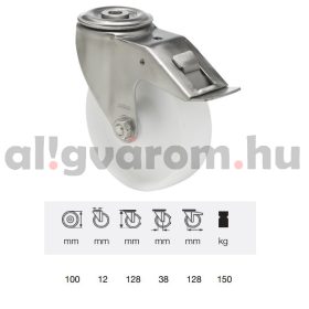   BXPN 1005 1000, Forgó-fékes kerék, (poliamid) műanyag futófelület, rozsdamentes villába szerelve, 100 mm, 150 kg teherbírás, furatos felfogatás