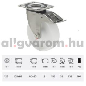   BXPN 1251 1100, Forgó-fékes kerék, (poliamid) műanyag futófelület, rozsdamentes villába szerelve, 125 mm, 200 kg teherbírás, talpas felfogatás