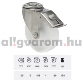   BXPN 1255 1000, Forgó-fékes kerék, (poliamid) műanyag futófelület, rozsdamentes villába szerelve, 125 mm, 150 kg teherbírás, furatos felfogatás