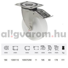   BXPN 1603 1100, Forgó-fékes kerék, (poliamid) műanyag futófelület, rozsdamentes villába szerelve, 160 mm, 400 kg teherbírás, talpas felfogatás