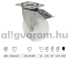   BXPN 2003 1100, Forgó-fékes kerék, (poliamid) műanyag futófelület, rozsdamentes villába szerelve, 200 mm, 400 kg teherbírás, talpas felfogatás