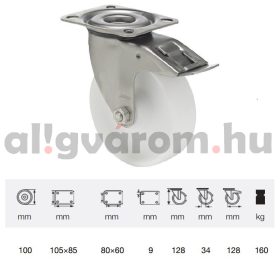   BXPP 1001 1000, Forgó-fékes kerék, (polipropilén) műanyag futófelület, horganyzott villába szerelve,100 mm, 160 kg teherbírás, talpas felfogatás