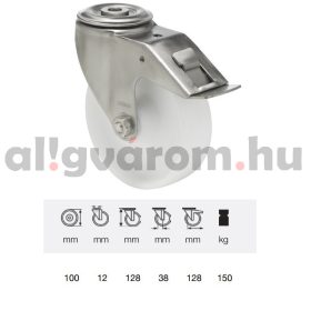   BXPP 1005 1000, Forgó-fékes kerék, (polipropilén) műanyag futófelület, horganyzott villába szerelve, 100 mm, 160 kg teherbírás, furatos felfogatás