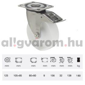   BXPP 1251 1000, Forgó-fékes kerék, (polipropilén) műanyag futófelület, horganyzott villába szerelve, 125 mm, 180 kg teherbírás, talpas felfogatás
