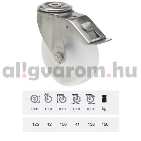   BXPP 1255 1000, Forgó-fékes kerék, (polipropilén) műanyag futófelület, horganyzott villába szerelve, 125 mm, 180 kg teherbírás, furatos felfogatás