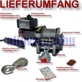   Távirányítós elektromos csörlő vontató motoros drótkötél 12V 900 kg 2000 LBs kábeles távirányító