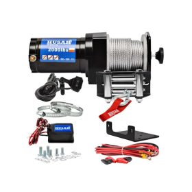   12V 2000 lb/ 907 kg teherbírású, elektromos csörlő, vezeték nélküli távirányítóval, drótkötéllel, vontató csörlő