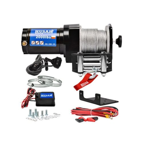 12V 2000 lb/ 907 kg teherbírású, elektromos csörlő, vezeték nélküli távirányítóval, drótkötéllel, vontató csörlő