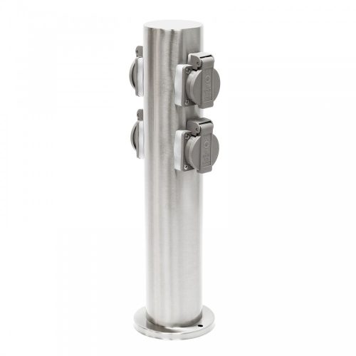 Rozsdamentes kerti konnektor 2 darab dupla aljzattal, henger alakú 40 cm magas inox elosztó 230V feszültséggel, modern design a kertjébe 