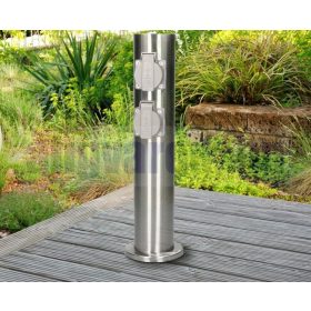   Rozsdamentes kerti konnektor 2 darab dupla aljzattal, henger alakú 40 cm magas inox elosztó 230V feszültséggel, modern design a kertjébe 