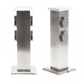   Rozsdamentes kerti konnektor, 4 db aljzat, 40 cm magas inox szögletes alakú elosztó 230V feszültséggel, modern design a kertjébe
