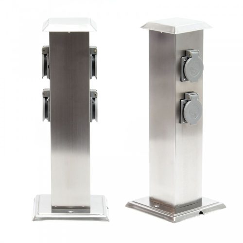 Rozsdamentes kerti konnektor, 4 db aljzat, 40 cm magas inox szögletes alakú elosztó 230V feszültséggel, modern design a kertjébe