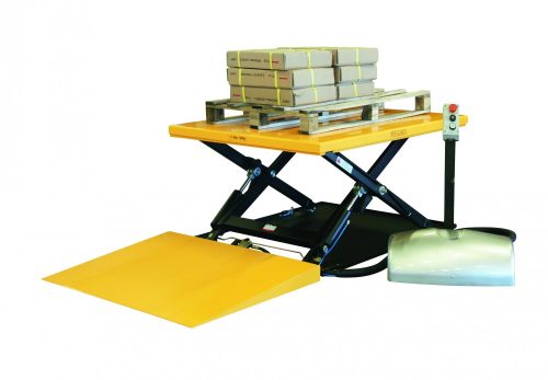 Ollós emelőasztal lift 400V elektromos kivitel 1000 kg 85-760 mm hidraulikus emelőlap felhajtó rámpával, fixen telepíthető kivitel