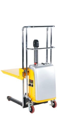 Elektromos hidraulikus kézi magasemelő 400 kg teherbírással 1500 mm felhajtható emelőlappal és villával, emelőasztal elektromos emelés, kézi mozgatás