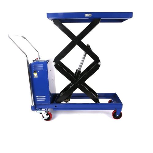 Ollós elektromos extra magasemelésű emelőasztal kézi szállító és hidraulikus emelő kocsi 350 kg teherbírás, akkumulátoros emelés, mobil emelő asztal ollósemelő