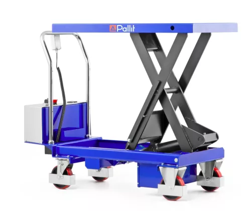 Ollós elektromos emelőasztal kézi szállító és hidraulikus emelő kocsi 500 kg teherbírás, akkumulátoros emelés, mobil emelő asztal ollósemelő