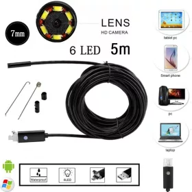   Cső kamera, endoszkóp kamera, 5m kábel USB csatlakozás, azonnali képrögzítés, Android felhasználásra is, 7mm átmérőjű kamera, extra közeli fókuszpont, vízálló!