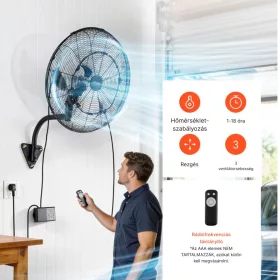   95 W ipari fali párásító ventilátor 56 cm – Távirányítós oszcilláló faliventilátor vízpermettel, IP44 védelemmel és intelligens hőmérséklet-szabályozással