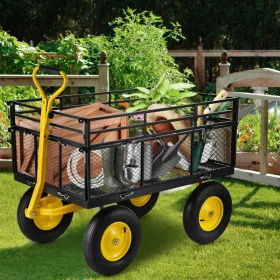   Extra nagy teherbírású kerti szállítókocsi – 635 kg kapacitás, 112 x 75 cm-es acél rakfelület, 38 cm-es gumikerékkel, lehajtható oldalfallal és 2 az 1-ben markolattal kültéri munkákhoz