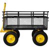 Extra nagy teherbírású kerti szállítókocsi – 635 kg kapacitás, 112 x 75 cm-es acél rakfelület, 38 cm-es gumikerékkel, lehajtható oldalfallal és 2 az 1-ben markolattal kültéri munkákhoz
