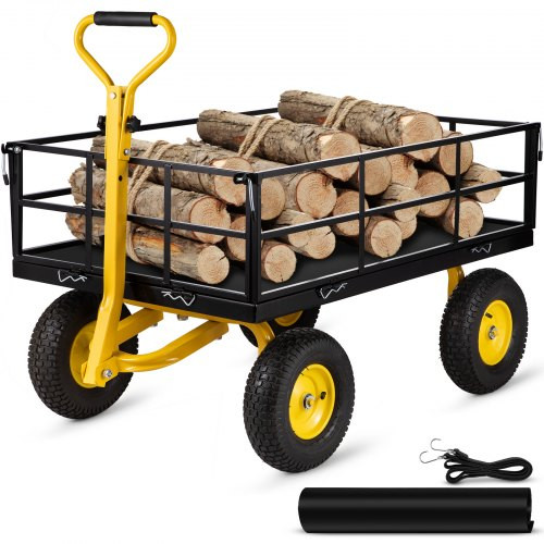 Nagy teherbírású acélvázas kerti szállítókocsi 112 x 75 cm-es rakfelülettel – 544 kg kapacitás, 33 cm átmérőjű gumikkal, 2 az 1-ben platós és rácsos kialakítás, vontatható markolattal