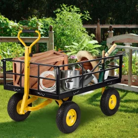   Nagy teherbírású acélvázas kerti szállítókocsi 112 x 75 cm-es rakfelülettel – 544 kg kapacitás, 33 cm átmérőjű gumikkal, 2 az 1-ben platós és rácsos kialakítás, vontatható markolattal