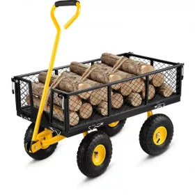   Nagy teherbírású acélvázas kerti szállítókocsi – 408 kg kapacitású összecsukható kézikocsi, 96 x 51 cm-es rácsos platóval, 25 cm-es levegővel töltött gumikerékkel, lecsatolható oldalfallal, 2 méteres húzókötéllel