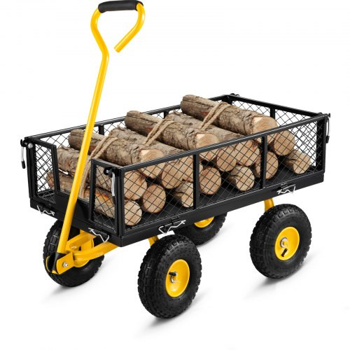 Nagy teherbírású acélvázas kerti szállítókocsi – 408 kg kapacitású összecsukható kézikocsi, 96 x 51 cm-es rácsos platóval, 25 cm-es levegővel töltött gumikerékkel, lecsatolható oldalfallal, 2 méteres húzókötéllel