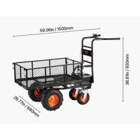   Elektromos négykerekű szállítókocsi kültéri munkákhoz 300 kg teherbírás, 500W-os motorral, 36V-os akkuval, nagyméretű platóval és fékezhető terepgumikkal
