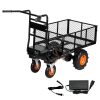 Elektromos négykerekű szállítókocsi kültéri munkákhoz 300 kg teherbírás, 500W-os motorral, 36V-os akkuval, nagyméretű platóval és fékezhető terepgumikkal
