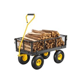   226 kg teherbírású acél kerti szállítókocsi – 2 az 1-ben kialakítású, 86 x 45 cm-es platóval, lehajtható oldalfalakkal sárga-fekete színben