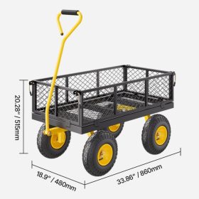   226 kg teherbírású acél kerti szállítókocsi – 2 az 1-ben kialakítású, 86 x 45 cm-es platóval, lehajtható oldalfalakkal sárga-fekete színben