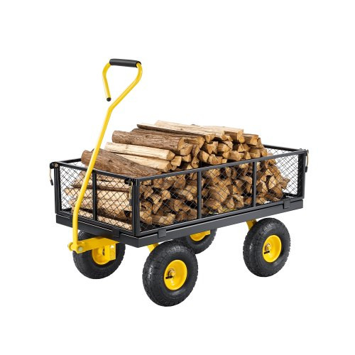 Nagy teherbírású acél kerti szállítókocsi – 408 kg kapacitás, 965 x 560 x 535 mm-es kialakítás, 25,5 cm gumikkal, platós vagy rácsos üzemmóddal, kültéri kézikocsi kerti munkákhoz