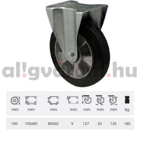   FPAB 1001 6150, FIx kerék, horganyzott villába szerelve, fekete tömörgumi futófelülettel, 100 mm, 180 kg, talpas felfogatás