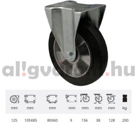   FPAB 1251 6150, FIx kerék, horganyzott villába szerelve, fekete tömörgumi futófelülettel, 125 mm, 200 kg, talpas felfogatás