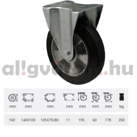   FPAB 1603 6150, FIx kerék, horganyzott villába szerelve, fekete tömörgumi futófelülettel, 160 mm, 350 kg, talpas felfogatás