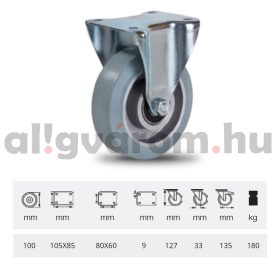   FPAG 1001 6150, FIx kerék, horganyzott villába szerelve, szürke nyommentes tömörgumi futófelülettel, 100 mm, 180 kg, talpas felfogatás