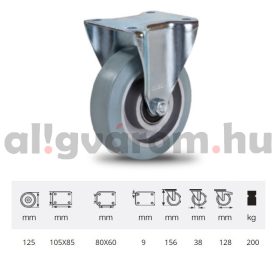   FPAG 1251 6150, FIx kerék, horganyzott villába szerelve, szürke nyommentes tömörgumi futófelülettel, 125 mm, 200 kg, talpas felfogatás