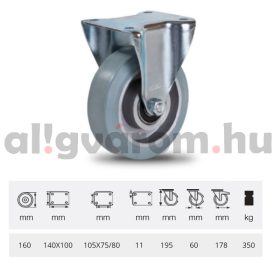   FPAG 1603 6150, FIx kerék, horganyzott villába szerelve, szürke nyommentes tömörgumi futófelülettel, 160 mm, 350 kg, talpas felfogatás