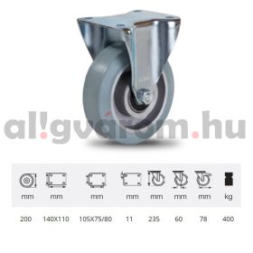   FPAG 2003 6150, FIx kerék, horganyzott villába szerelve, szürke nyommentes tömörgumi futófelülettel, 200 mm, 400 kg, talpas felfogatás