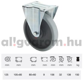   FPPE 1251 5000, Fix kerék, horganyzott villába szerelve, prémium ECOFORMA tömörgumi futófelület, 125 mm, 150 kg teherbírás, talpas felfogatás