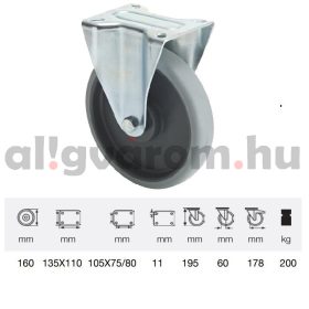   FPPE 1603 5000, Fix kerék, horganyzott villába szerelve, prémium ECOFORMA tömörgumi futófelület, 160 mm, 200 kg teherbírás, talpas felfogatás