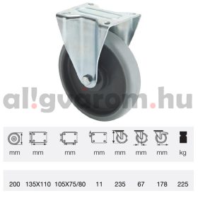   FPPE 2003 5000, Fix kerék, horganyzott villába szerelve, prémium ECOFORMA tömörgumi futófelület, 200 mm, 225 kg teherbírás, talpas felfogatás