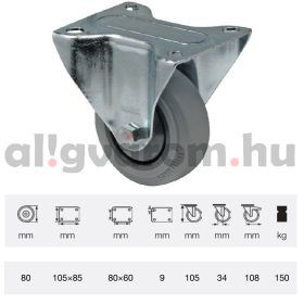   FPPF 0801 5000, Fix kerék, horganyzott villába szerelve, prémium PERFORMA tömörgumi futófelület, 80 mm, 150 kg teherbírás, talpas felfogatás