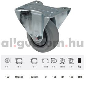   FPPF 1001 5000, Fix kerék, horganyzott villába szerelve, prémium PERFORMA tömörgumi futófelület, 100 mm, 150 kg teherbírás, talpas felfogatás