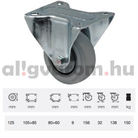   FPPF 1251 5000, Fix kerék, horganyzott villába szerelve, prémium PERFORMA tömörgumi futófelület, 125 mm, 150 kg teherbírás, talpas felfogatás