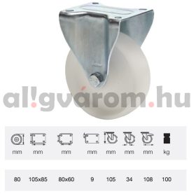   FPPP 0801 1000, Fix kerék, (polipropilén) műanyag futófelület, horganyzott villába szerelve, 80 mm, 150 kg teherbírás, talpas felfogatás