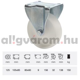   FPPP 1251 1000, Fix kerék, (polipropilén) műanyag futófelület, horganyzott villába szerelve, 125 mm, 150 kg teherbírás, talpas felfogatás