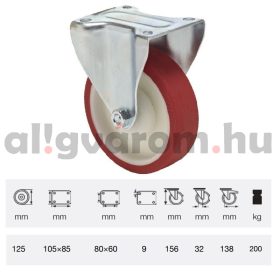   FPPU 1251 5100, Fix kerék, Poluretán futófelülettel, horganyzott villába szerelve, 125 mm, 150 kg teherbírás, talpas felfogatás